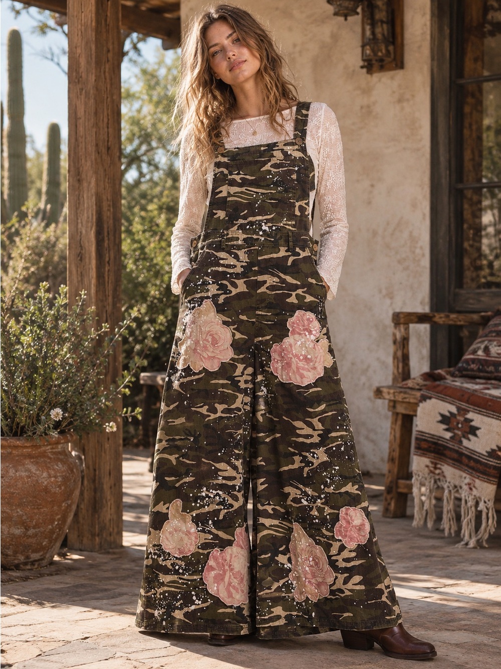 Bluevelvet Camo Wide-Leg Overalls with Pink Floral Appliqué - New Drop!🌸🔥